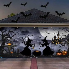 7 x 16Ft Halloween Garage Door Cover Decoration  Large Witch Garage Cover Bann...