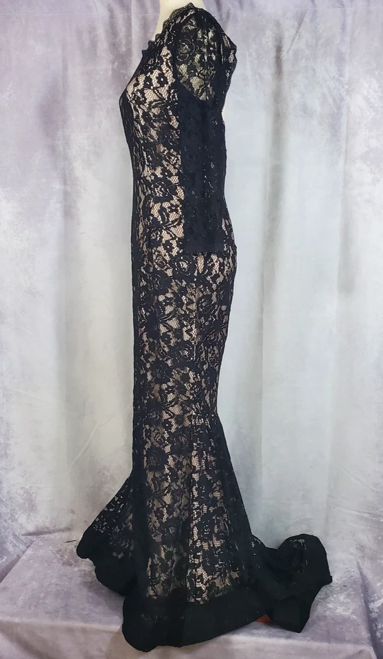 VENUS COUTURE Mermaid Evening Gown w/ Fishtail NUDE w BLACK LACE OVERLAY 10 - Image 3 of 4