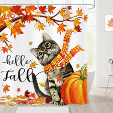 Fall Cat Shower Curtain Autumn Maple Leaves Pumpkin Thanksgiving Bathroom Curtai