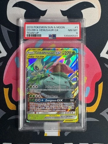 Pokémon Celebi & Venusaur GX 1/181 Sun & Moon Team Up Holo Full Art - PSA 8