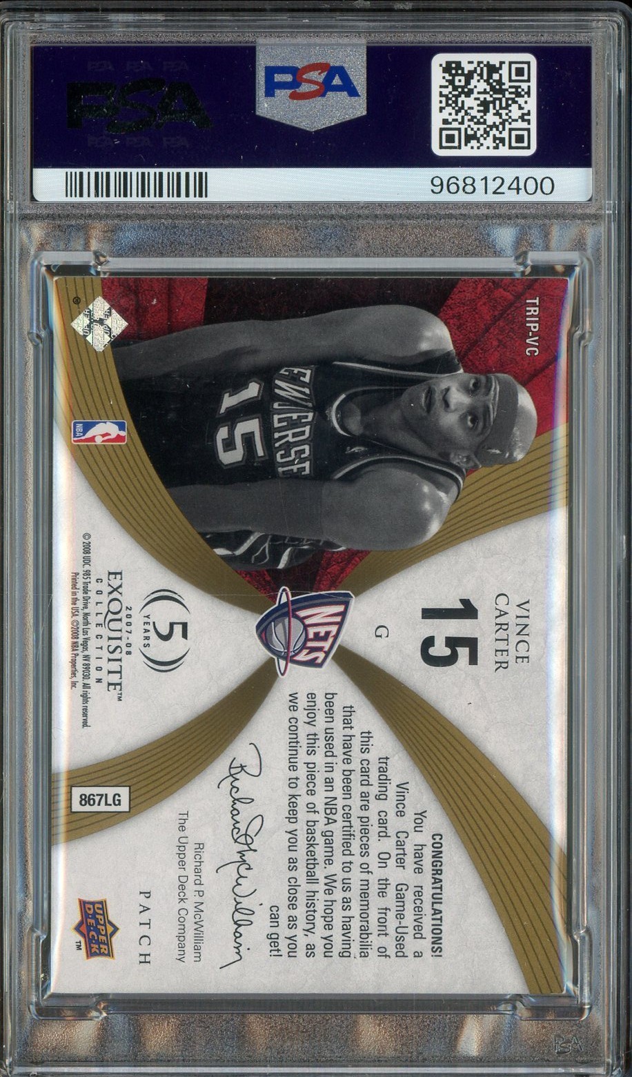 2007-08 UD Exquisite Gold Vince Carter HOF Game-Worn Triple Patch 3/3 PSA 8 view 2