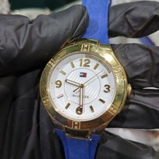 Working Tommy Hilfiger 40mm Gold Tone White Dial Blue Silicone Band Unisex Watch