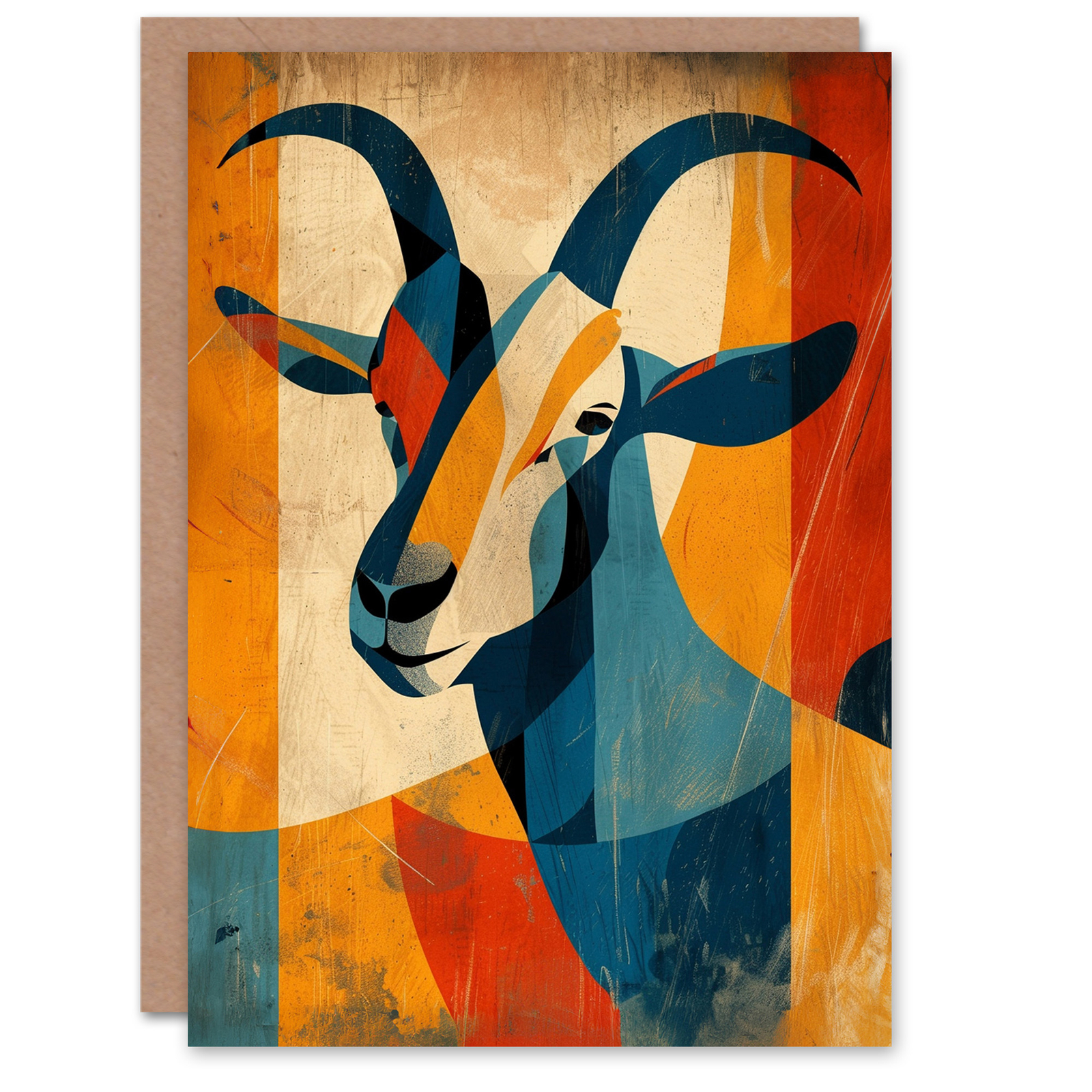 Goat Abstract Blue Red Yellow Geometric Painting Birthday Card