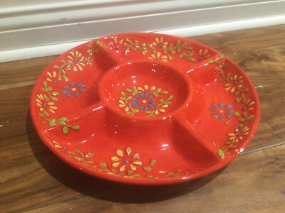 PIER ONE FLORES 5 way divided platter 14'' bright red/orange raised flower IMPER