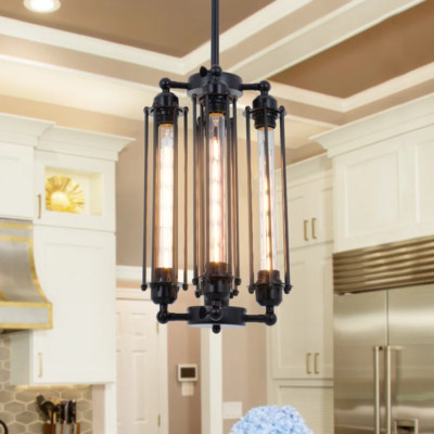 Vintage 4-Light Black Iron Chandelier, Flute Shape E26 Base, T300 Bulb Compatibe