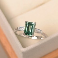 Green sapphire ring emerald cut teal sapphire ring sterling silver three stone