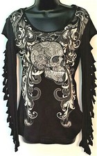 VOCAL APPAREL SKULL PRINT L/S SHIRT WITH RHINESTONE AND DYE CUT SLEEVES DETAIL 