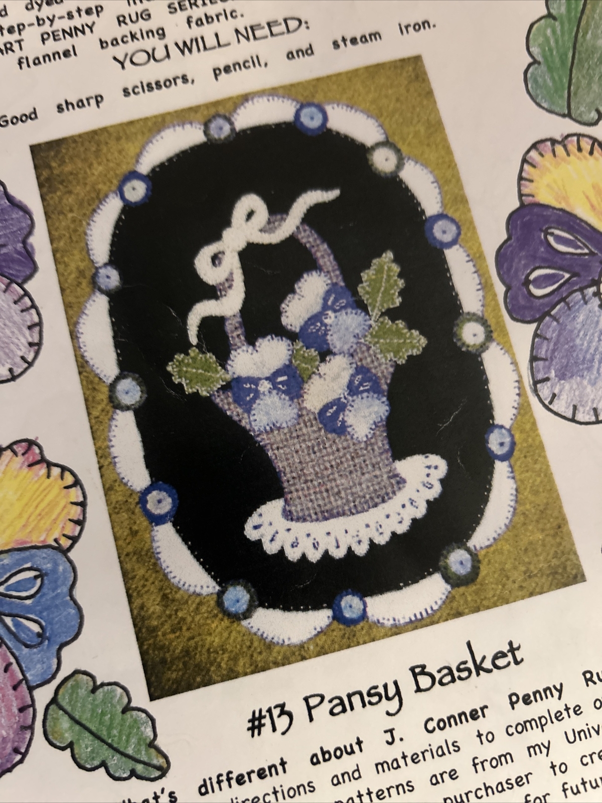 J Conner Designs Penny Rug creative appliqué # 13 pansy basket Pattern