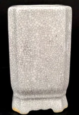 Ceramic Bud Vase Square Crackle Glaze Effect Footed Gray Finish 4.5 in.