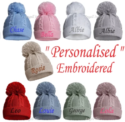 PERSONALISED BABY SINGLE POM POM HAT KNITTED WINTER WHITE PINK BLUE GREY 12-24M