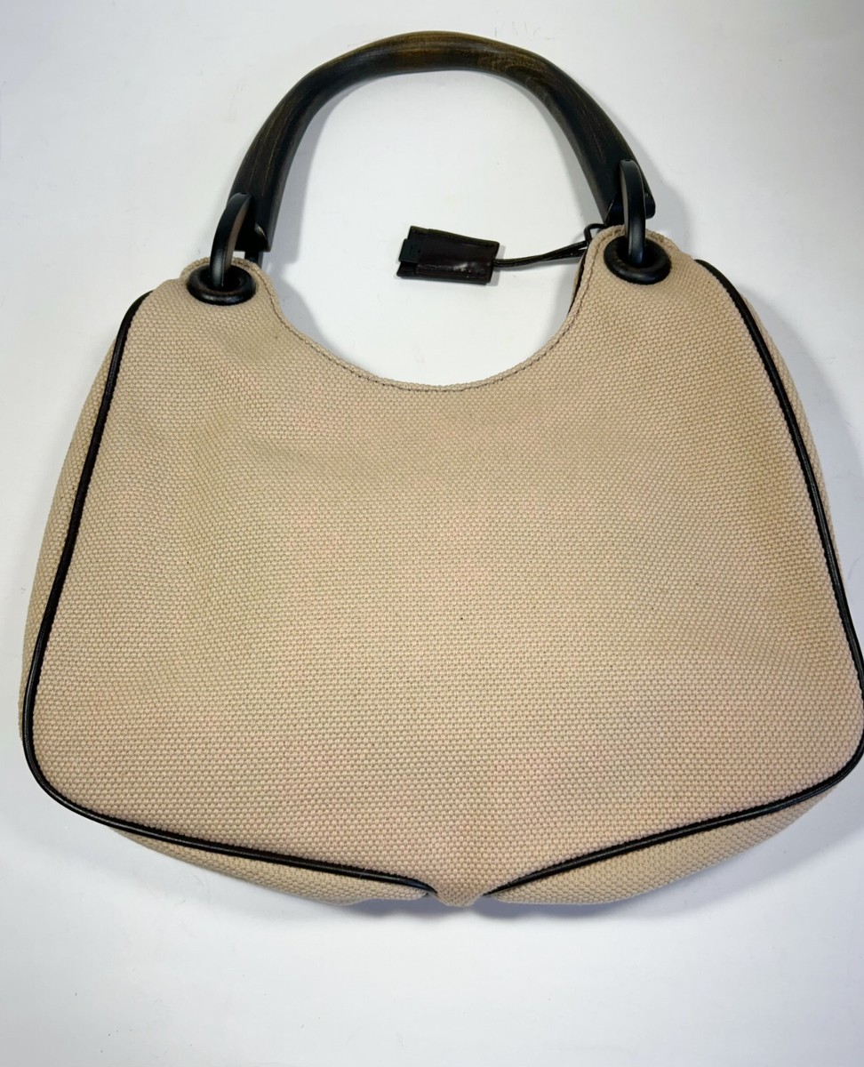 Auth Vintage GUCCI Beige Canvas Leather Trim Wood Handle Tote Bag