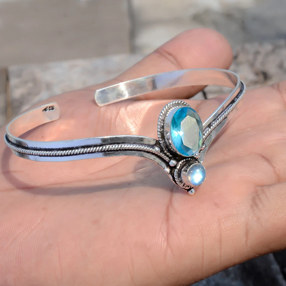 Blautopas Labradorit Edelstein 925 Sterling Silber Party Armreif Handarbeit M... - Bild 3 von 4