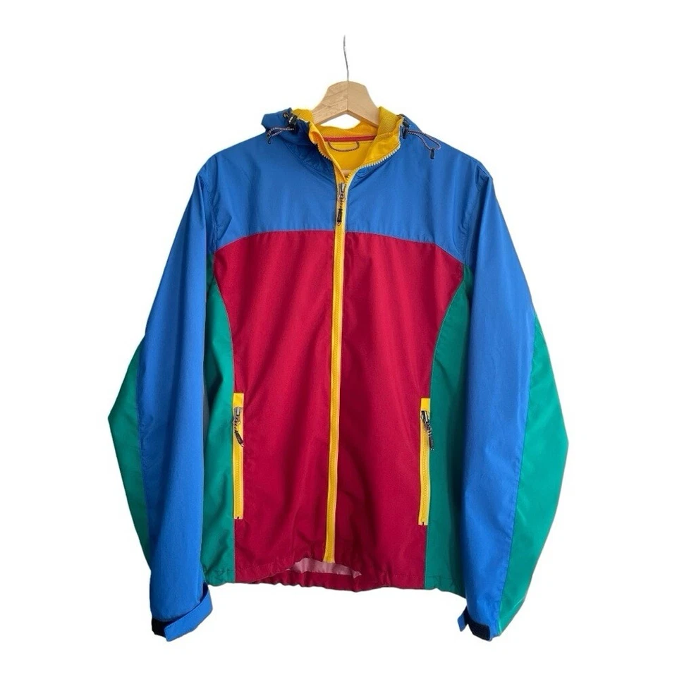 Hawke & Co. Chaqueta de Lluvia Ligera con Capucha Años 90 Bloques de Color Rojo Amarillo Verde Foto 2 de 4