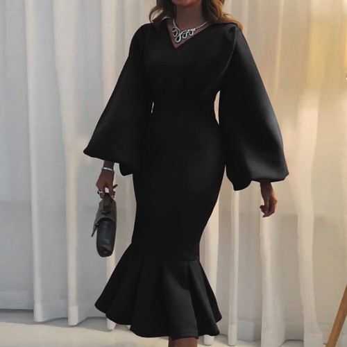 Women's Puff Sleeve Bodycon Dress Fishtail Hem Cocktail Party Wedding Dresses
