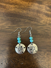 Coastal Sand Dollar Handmade Beaded Earrings Aqua and Silver