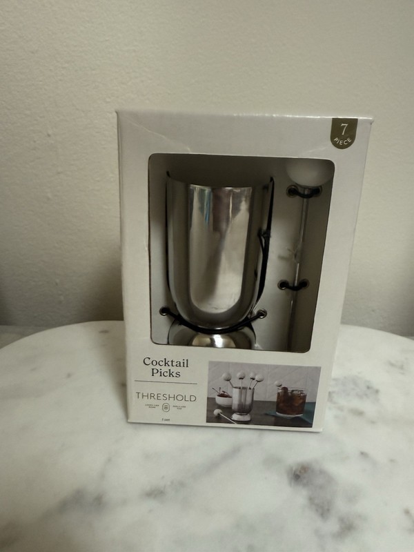 Threshold Cocktail Picks Silver Holder White Marble Picks 7 Pc Set Barware