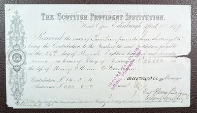 1879 Scottish Provident Institution, Life Assurance Ornate Receipt, Edinburgh