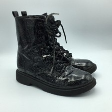 Madden Girl Black Patent Silver Sparkle Combat Boots Lace Zip Girls 3