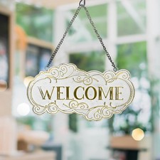 All Chic Metal Welcome Sign for Front Door, 8.7" x 4.7" Small, White gold