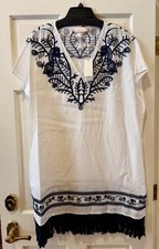 Tory Burch White/Navy Embroidered Caftan XL -NEW w/TAGS