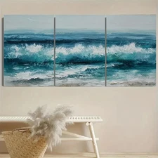 3pcs Green Ocean Wave  Wall Art Canvas Framed 50x70cm