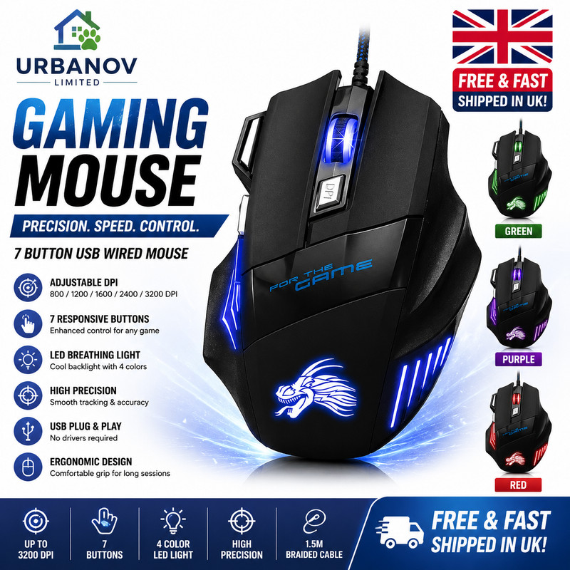 Gaming Mouse 7 Button USB Wired LED Breathing Fire Button 3200 DPI Laptop PC