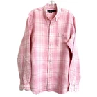 Ralph Lauren Classic Fit Mens Pink White Plaid 100% Linen Button Down Shirt L