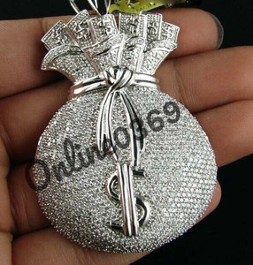 Authentic 2.50ct VVS Moissanite Men's Big Money Bag Charm Pendant White Gold Plated Silver
