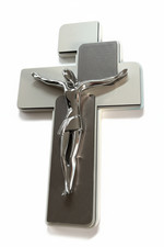 Crocifisso Moderno Legno Cristo Argentato 23x35cm Arte Sacra Design