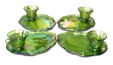 Vintage 4 Indiana Carnival Glass Iridescent Lime Green Snack Set Never Been Used