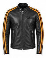 Chaqueta de cuero negra para hombre Café Racer naranja rayas de carreras piel de cordero real motociclista