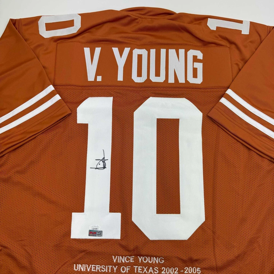 Camiseta de fútbol americano universitario autografiada/firmada Vince Young Texas Orange Stat certificado de autenticidad JSA Foto 2 de 4