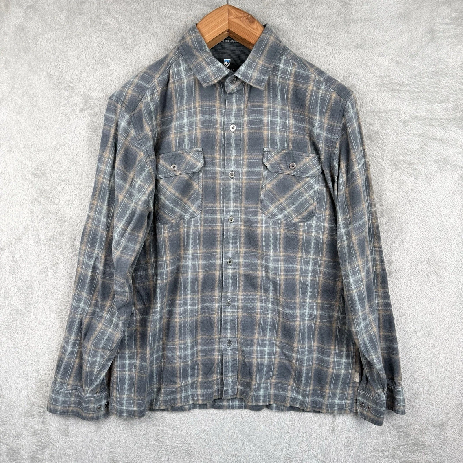 KUHL Flannel Hiking Shirt Mens Large Outdoors Gray Blue Plaid Active Button Down