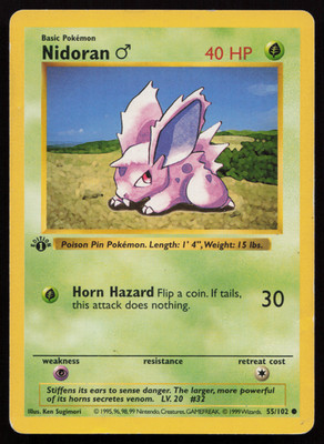 Nidoran Male 1st Edition Shadowless Pokemon Card Base Set 55/102 - PL
