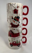 Potter's Studio Set of 4 Stacking Ceramic Coffee Mugs Winter Rustic Farmhouse