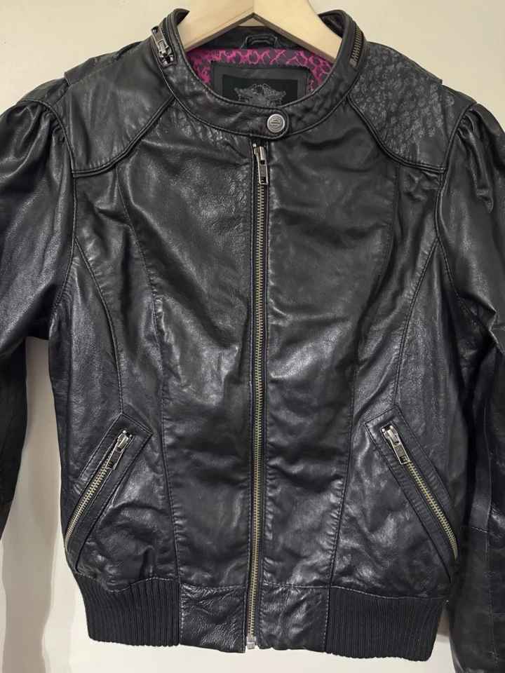 Harley Davidson Black Leather Moto Cafe Riding Jacket Embroidered Skull # 1 S - Image 3 of 4