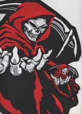 FINE 100 EMBROIDERED REAPER 14" FOR LEATHER JACKET BACK AND 4" 2-PATCH SET red