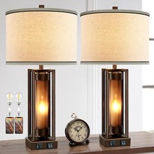 Rustic Table Lamps for Living Room Set of 2 with USB C A Ports Farmhouse Vintage