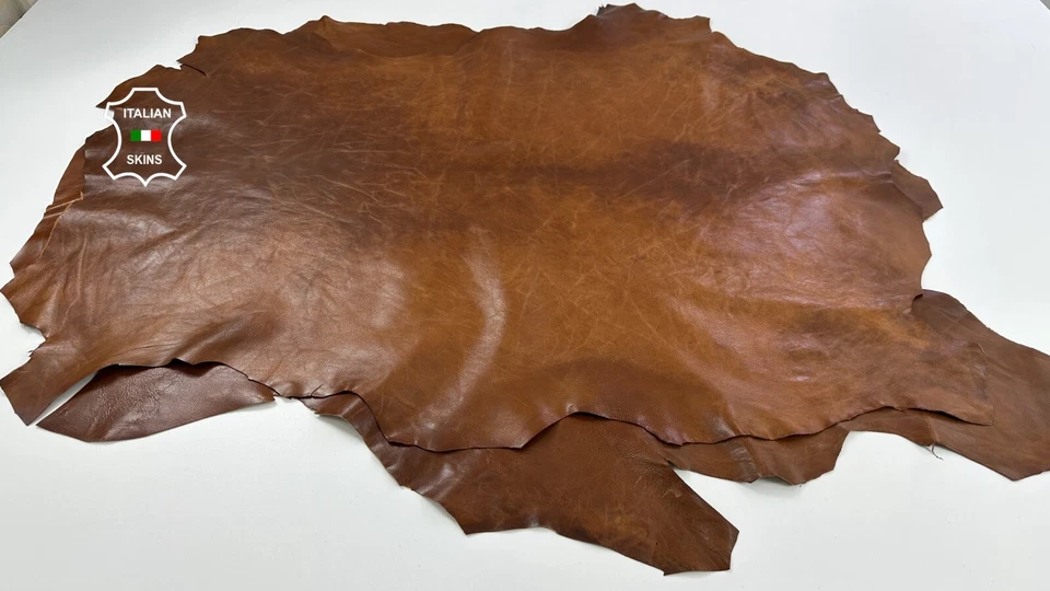 COGNAC BROWN ANTIQUED RUSTIC Lambskin leather 2 skins total 15sqf 0.9mm #C3630 - Image 2 of 4