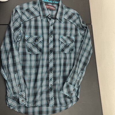 Rock & Roll Cowboy Mens L Western Shirt Blue Red Plaid Pearl Snap Pocket Cotton