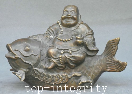 6.6'' Old Buddhism Bronze Fengshui Happy Laugh Maitreya Buddha Fishs Statue