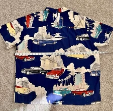 Paradise Found Vintage Cars Men’s Button Front Aloha Blue Shirt Rayon XL