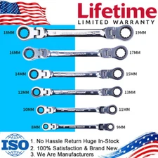 Double Box End Ratcheting Wrench Flex-Head Spanner Set Metric w/ Carrying Bag