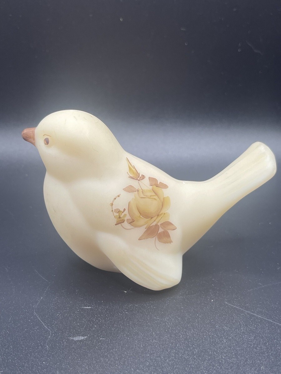 Vintage Fenton Satin Glass Hand Painted Brown Flowers Bird signed