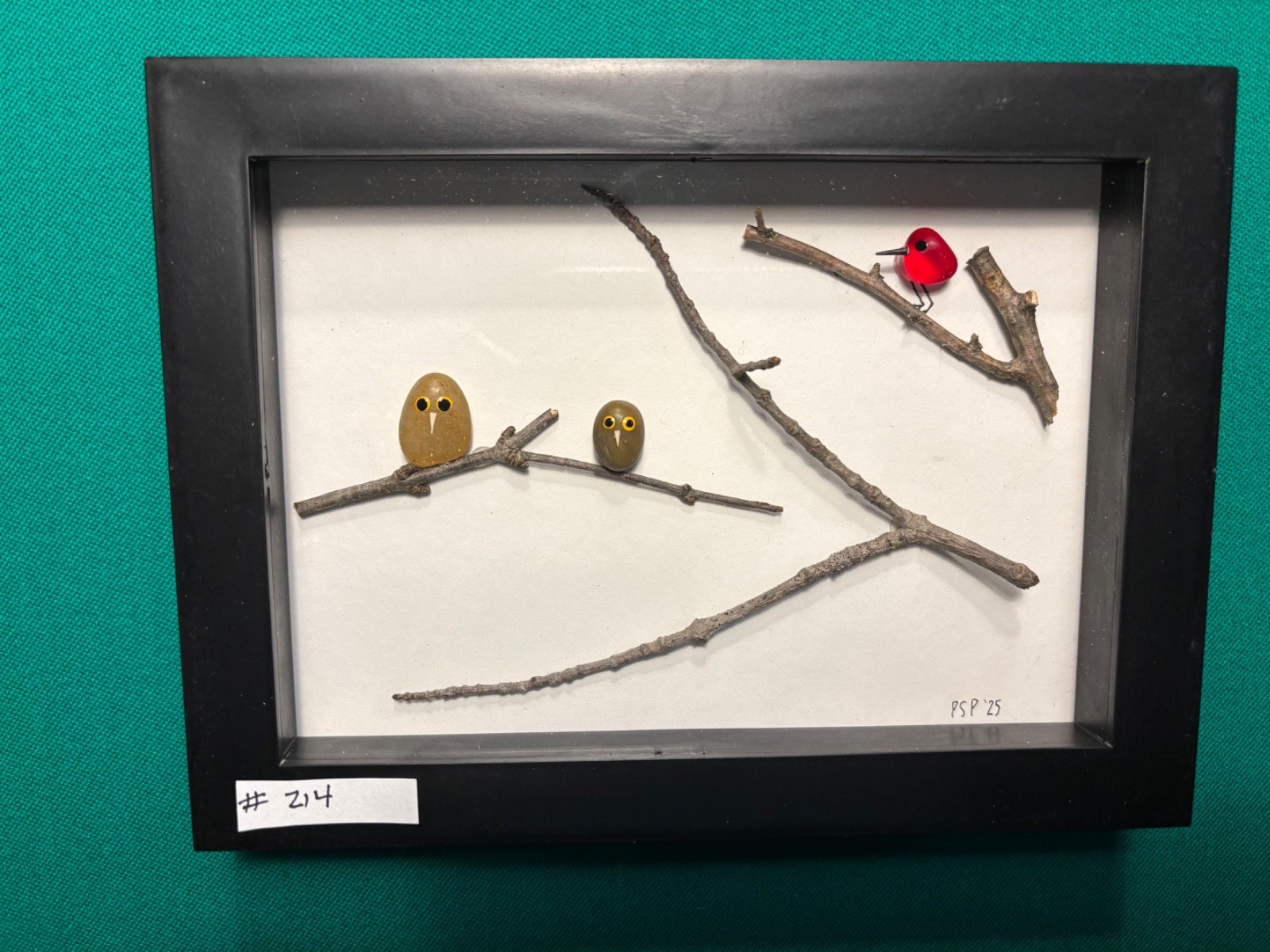 Beach/Sea Glass Birds with OWL;  Hand Made. #21 4 . Framed. READ DESCRIPTION