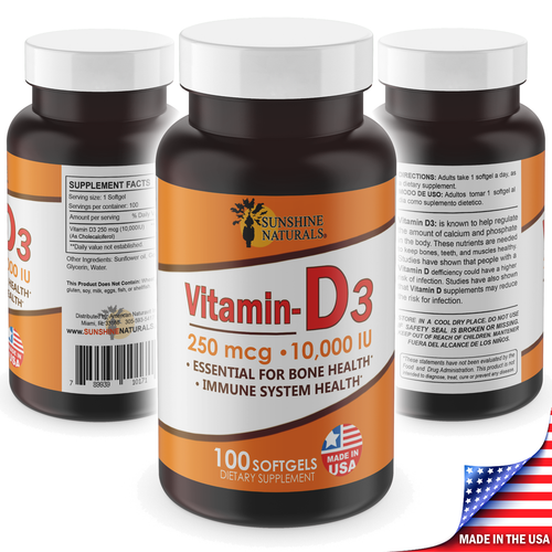 Sunshine Naturals 3 PACK Vitamin D3 10,000iu 250mcg 100 softgels Immune Support - Picture 2 of 9