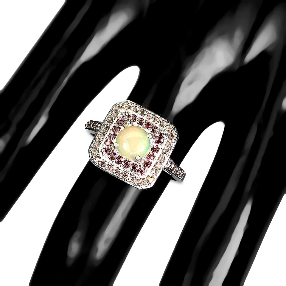 Подарочное кольцо из стерлингового серебра 925 пробы с круглым огненным опалом 6 мм сапфиром бриллиантовой огранкой драгоценным камнем - Изображение 3 из 4