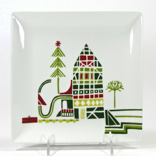 Crate & Barrel YULE TOWN 8" Square Salad Dessert Plate Set 4P Julia Rothman Mint - Picture 10 of 11