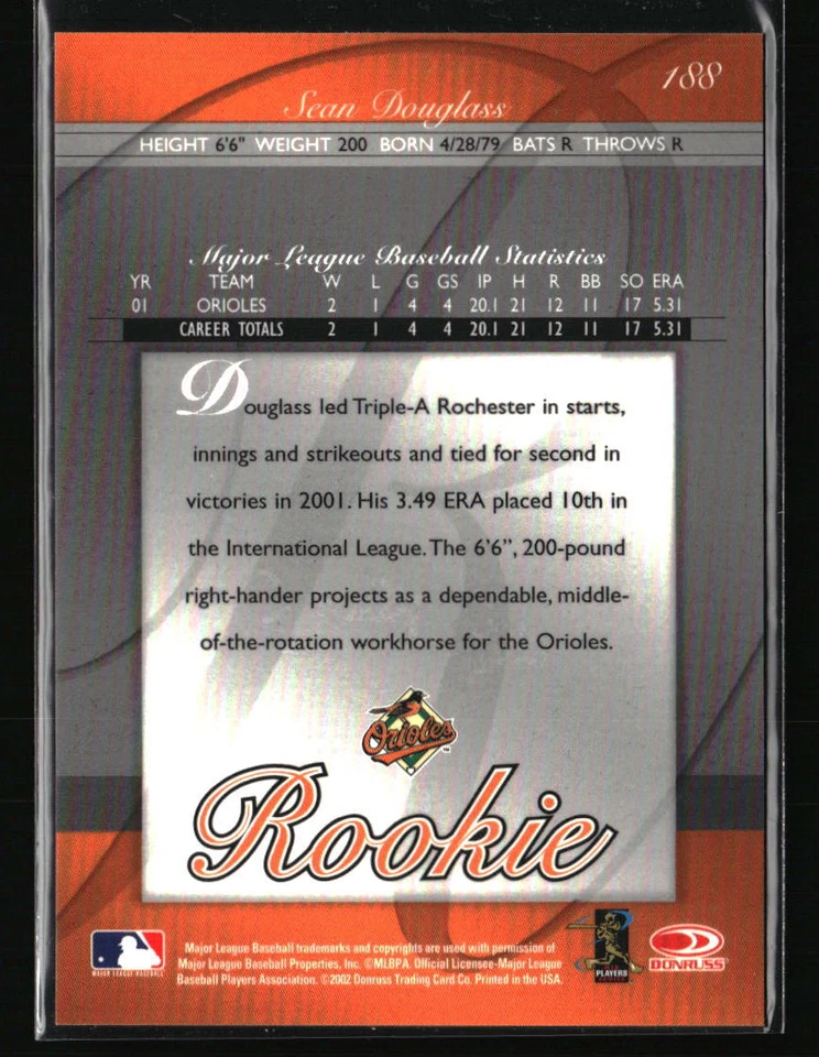 Sean Douglass 2002 Donruss Elite 488/1500 #188 RC Baseball Card - Image 2 of 2