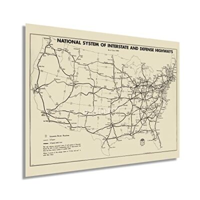1958 USA History Map of National System of Interstate & Defense Highways Poster